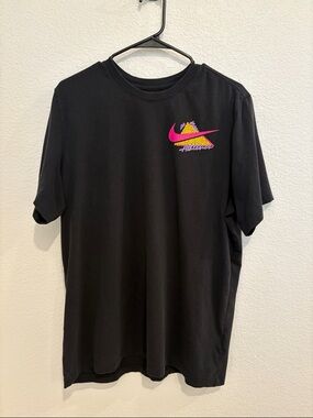 Nike Black Tee with Pink and Yellow Swoosh Graphic